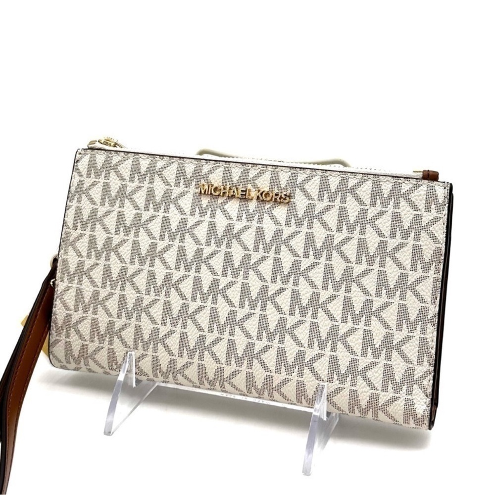 Michael Kors Double Zip Wallet Wristlet Vanilla/Brown  Leather - Picture 2 of 7